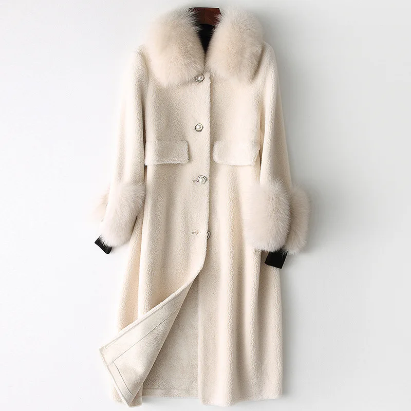 

Simple Wool Fur Coat Women Long Fox Fur Collar Jackets Solid Fashion Pockets Real Fur Warm Thick Loose Turn-down Collar Coat