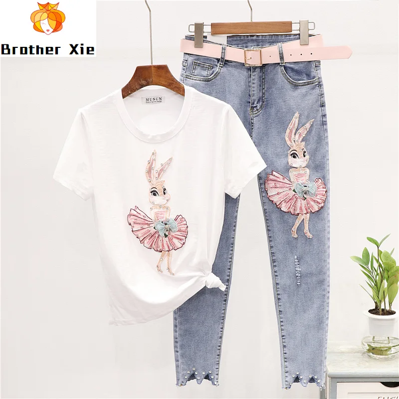 

Summer Clothes for Women New Diamond Embroidered Cute Rabbit Cotton T-shirt + Skinny Jeans Two-Piece Set Vetement Femme 2020