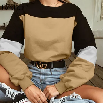 

Forefair Color Patchwork Crop Sweatshirt Women Autumn 2019 Casual Pullovers Long Sleeve O Neck Waist Tied Hoodie Sweatshirt