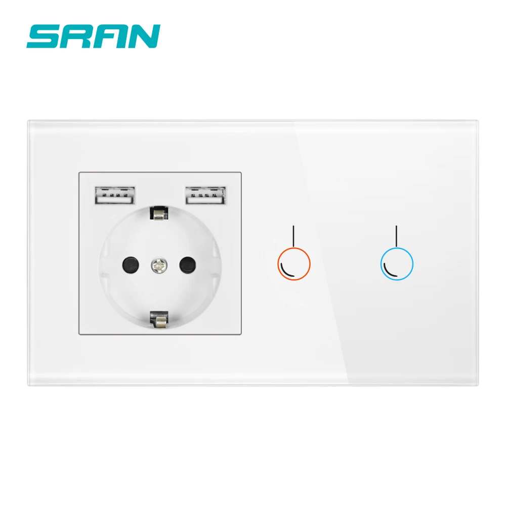 SRAN сенсорный выключатель с гнездом usb кристальной стеклянной панелью 146*86 220 В 16A
