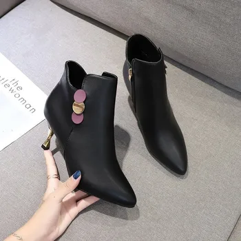 

2020 New Fashion Winter British Style Ankle High Heels Solid Color Booties Female Pointed Sexy Wild Leather Boots Shoes Women