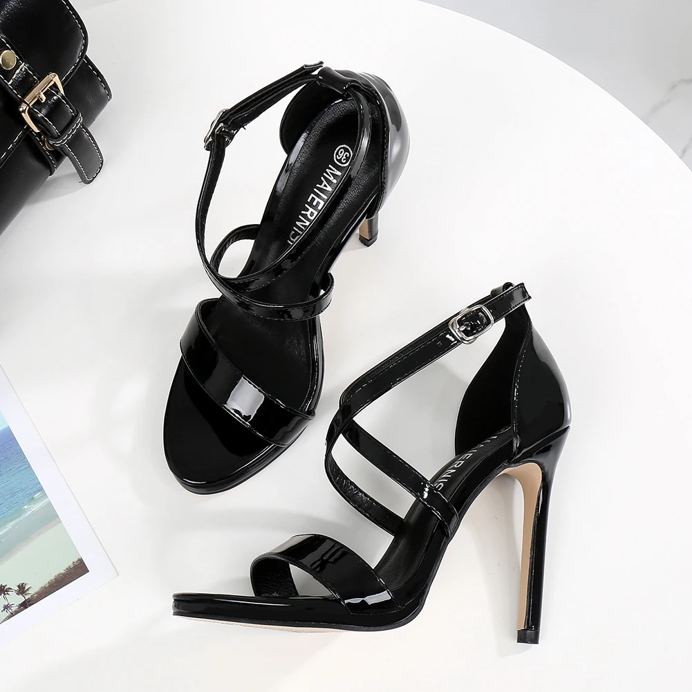 2021 New Black Large Size 46 Thin High Heels Open Toe Party Club Shoes Woman Fashion Ankle Strap Women Stiletto Sandals DB0040