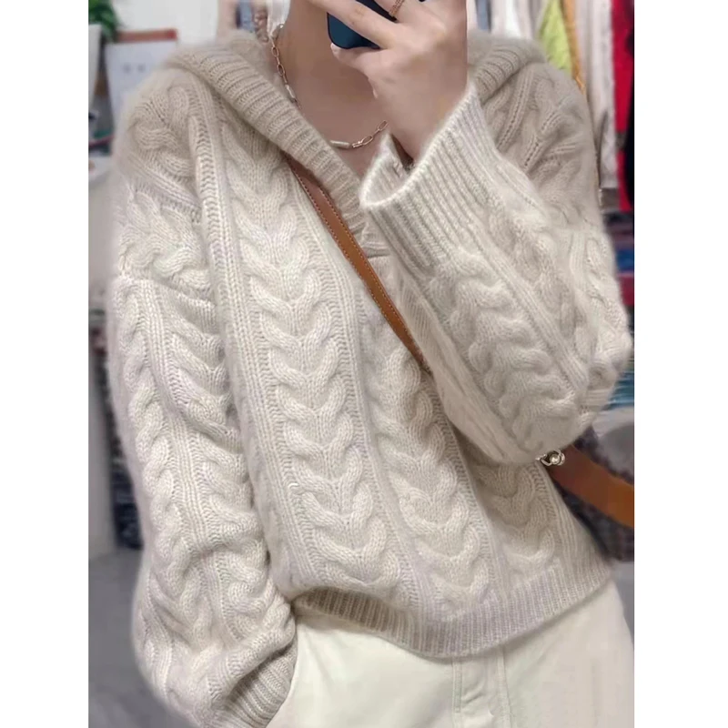 풀오버 100% 캐시미어 스웨터, 루즈 캐주얼, 퓨어 컬러, 니트, 긴 소매, 후드 울 스웨터, 짧은 겨울, 핫 세일