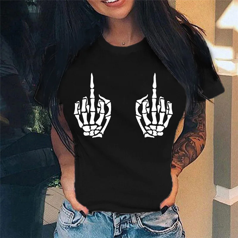 Summer New Fashion Middle Finger Chest  Graphic Printed  Round Neck  T Shirt  Casual Simple Women Tee Tops off white t shirt Tees