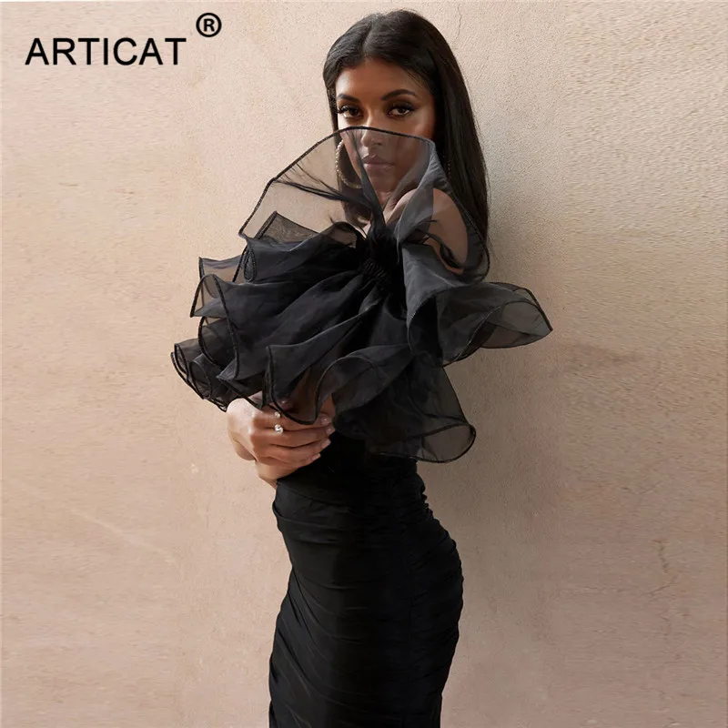 Articat, Двухслойное, с оборками, сексуальное женское платье для вечеринки, Сетчатое, в стиле пэчворк, короткое, облегающее, мини-платье, элегантное, с открытыми плечами, Клубные платья - Цвет: Черный