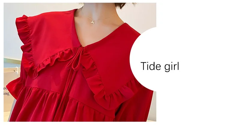 Vestido de Maternidade Novo Verão Coreano Tamanho Grande Cor Sólida Lotus Leaf Collar Lapela Chiffon 4 maternidade cor sólida lotus leaf collar lapela