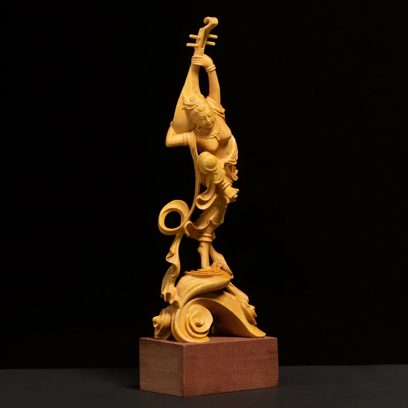 

XS289- 25 см резьба из самшита Dunhuang Красота статуя-летающая фея игры Лютни