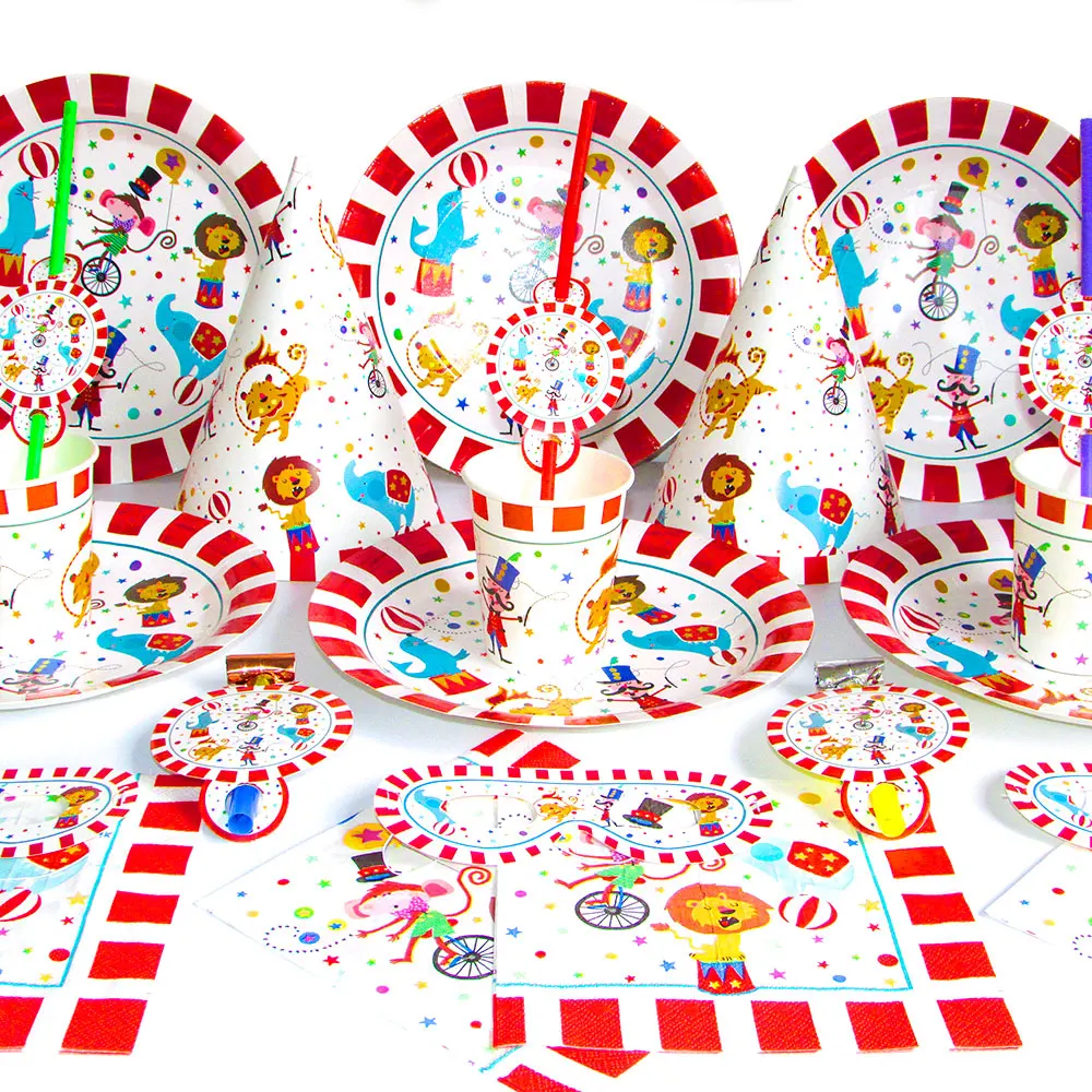 CircusThemePartyDecorationsStripedAnimalsDisposableTablewareSet