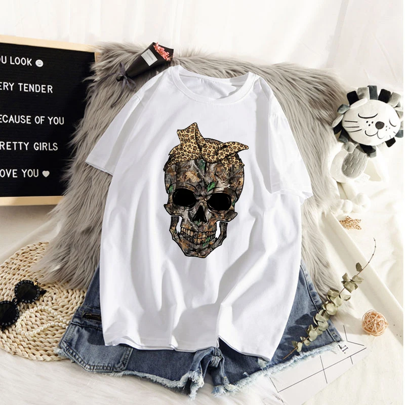 

Summer Camo Skull T-shirt Women Harajuku Sunflower Bandana Printed Mom T shirt Mama Funny Short Sleeve Tshirt Female Clothes