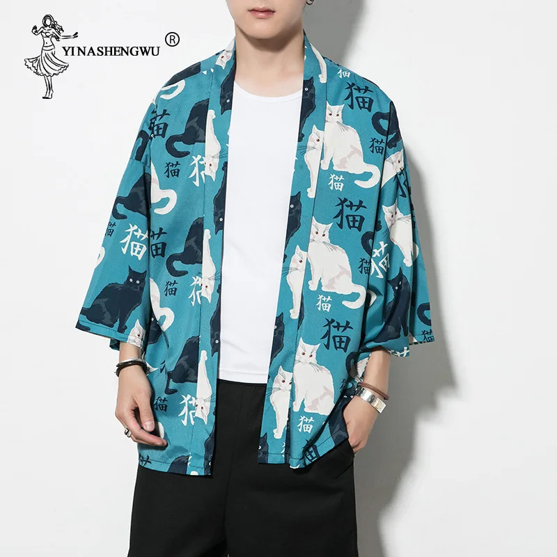 

Kimono Cardigan Men Kimono Femme Yukata Harajuku Japan Kimono Summer Cat Print Blue Color Coat Asia Kimono Cosplay Costume Shirt