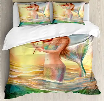 

Mermaid Duvet Cover Set Mermaid Playing Violin at Sunset View Colorful Realistic Design Soft Dreamlike Decorative 3 Piece Bed