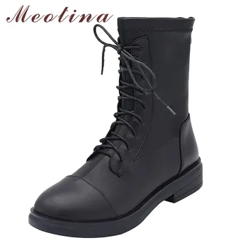 

Meotina Motorcycle Boots Women Shoes Real Leather Low Heel Ankle Boots Square Toe Block Heels Zip Lace Up Short Boots Lady 41