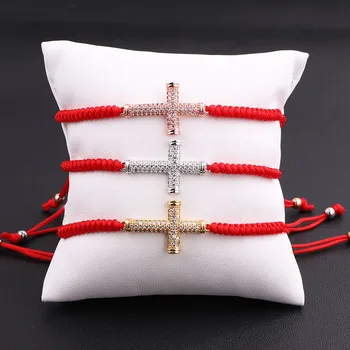 Jaravvi High Quality CZ Micro Pave Cross Handmade Red Cord Macrame Friendship Bracelet Men Women Jewelry Gift