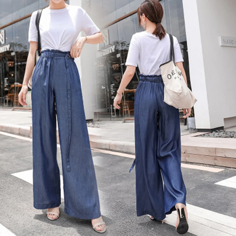 

Spring Autumn Imitation Jeans Woman Elastic Waist Wide Leg Pants Mujer Boot-cut Trousers With Sashes Lady High Waist Flare Pants