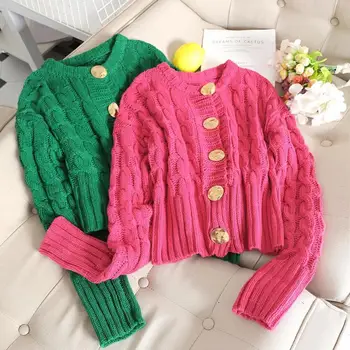 

Women Autumn Winter Candy Color Cardigans Loose Long Sleeve Sweater Coat Solid Casual Thick V-Neck Knitted Coat