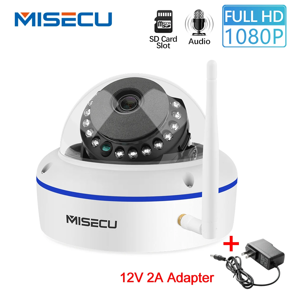 

MISECU 1080P IP Camera Vandal-proof WiFi With SD Card Slot Max 64GB ONVIF P2P Motion Detect Alert Dome Security Wireless Camera