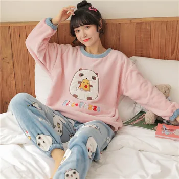 

2020Autumn Winter Warm Flannel Women Pyjamas Sets Thick Coral Velvet Long Sleeve Cartoon Sleepwear Thin Flannel Pajamas Set Girl