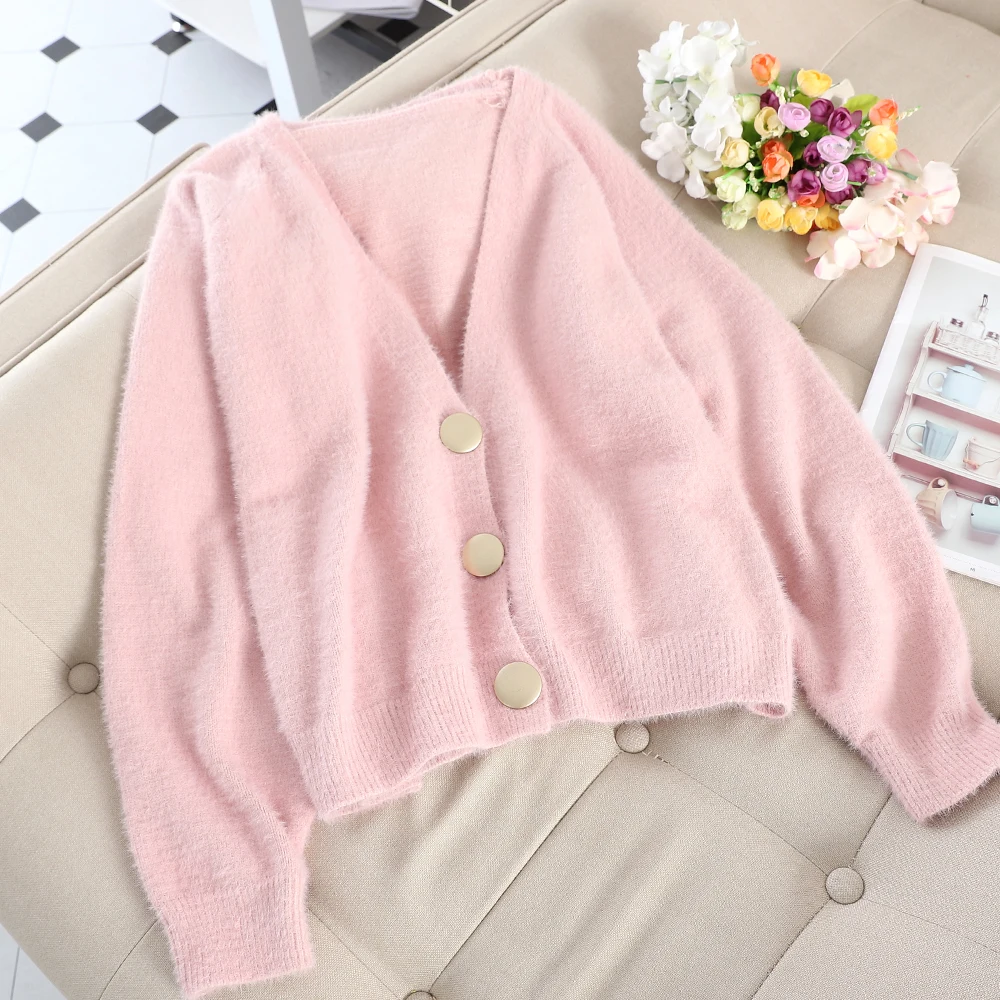 SINGRAIN New Women Sweater Wool Cardigans V-neck long sleeves warm tops Winter Autumn streetwear Chic Fashion cardigans - Цвет: pink