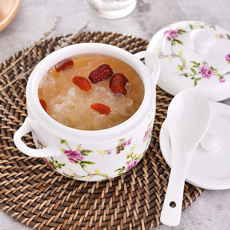 

[Waterproof Ceramic Slow Cooker] Dual Handle Double Cover Bird's Nest Slow Cooker Waterproof Slow Cooker Inner Wearing with Lid