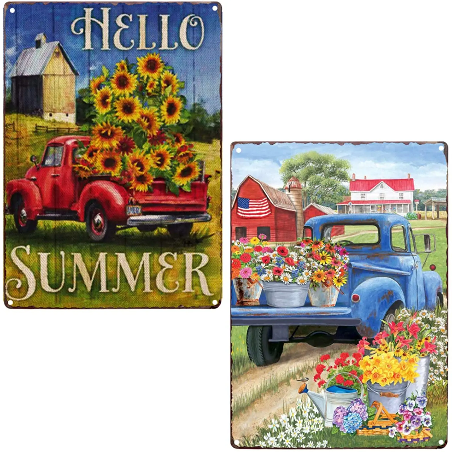 

TISOSO Hello Summer Sunflower with Truck Vintage Metal Tin Sign Farmhouse Kitchen Wall Country Home Decor Coffee Bar Signs