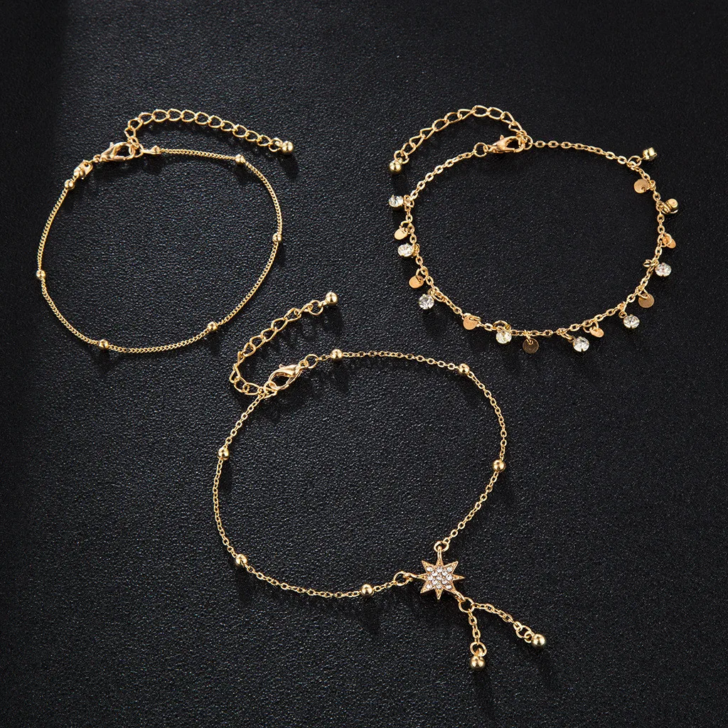 Fashion Rice Beads Beaded Six-pointed Star Pendant Alloy Anklet 3 Piece Set Ankle Bracelet Chain anklets for women Accessories
