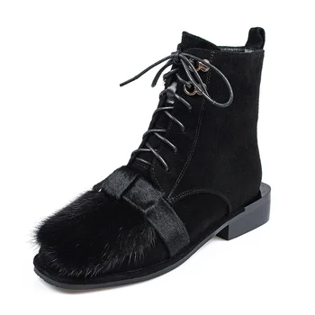 

Womens Square Toe Real Mink Fur Bowknot Ankle Boots Suede Leather Low Heel Shoes Warm Winter Thick Lace Up Black New 2020