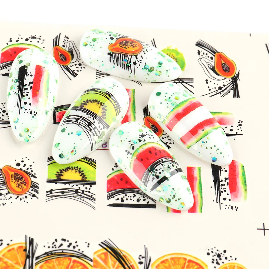 Nail Stickers Summer KiwiAvocadoLemonBanana Fruits for Nail Design Manicure Water Sliders Nail Decals Set (7)