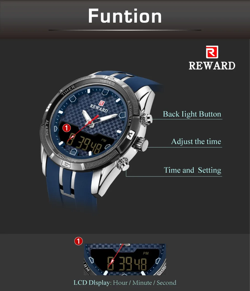 Награда многофункциональный двойной светодиодный дисплей мужские кварцевые часы силиконовые спортивные часы ремешок деловые мужские наручные часы