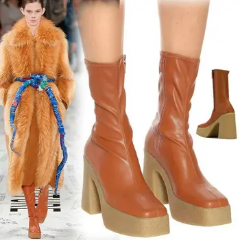 

Thick bottom waterproof platform square toe elastic boots for women autumn and winter new British style thin boots
