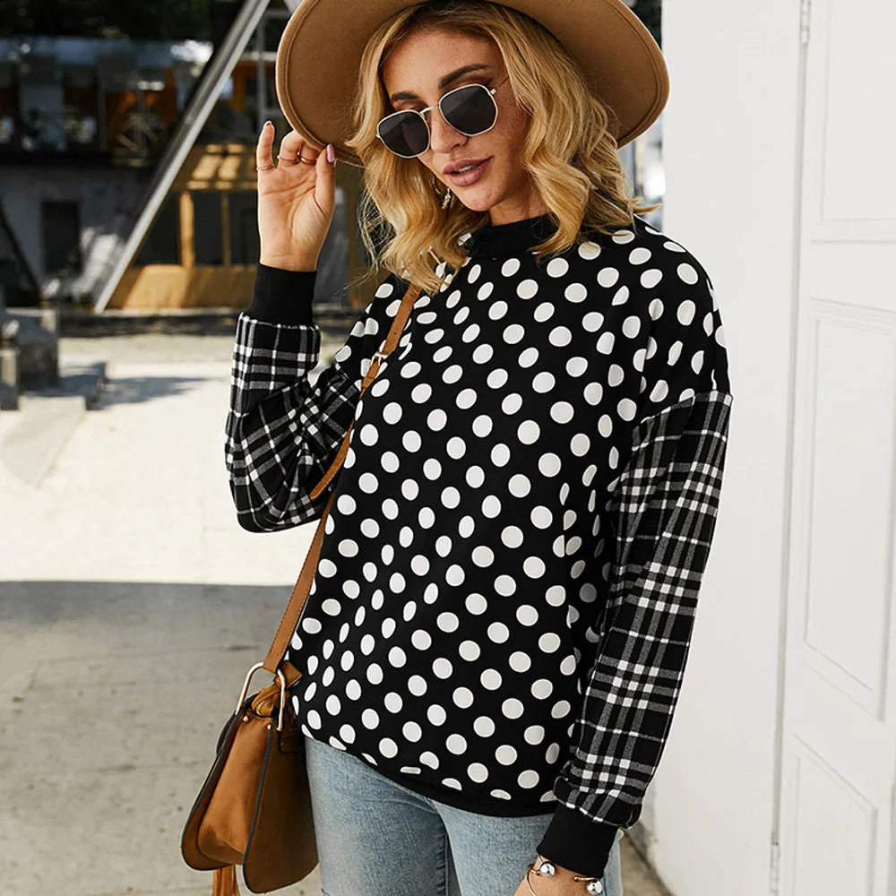 Black Women hoodies tops Polka Dot Plaid Long Sleeve Pullover Tops Splicing Casual Warm autumn lady loose fashion sweatshirt