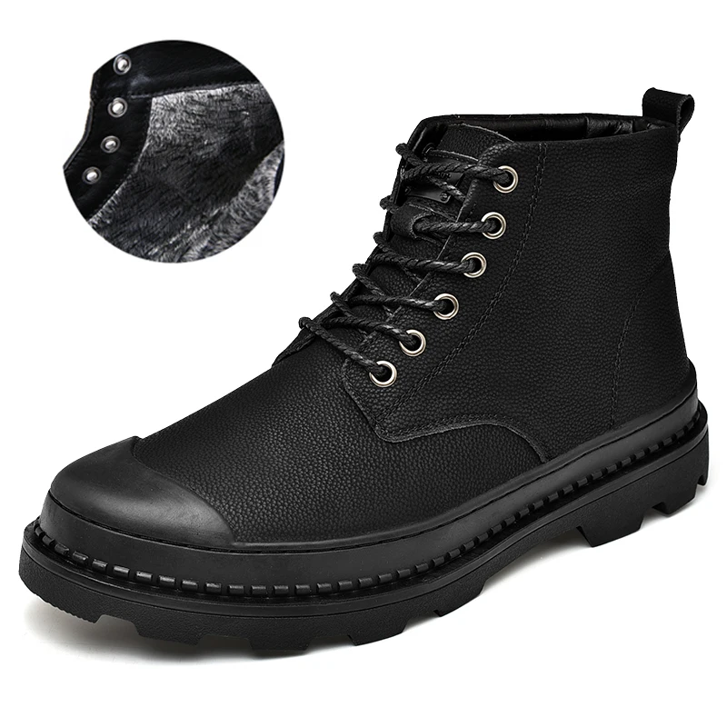 Black Warm Winter Men Boots Genuine Leather Ankle Boots Men Winter Work Shoes Men Military Fur Snow Boots for Men Botas - Цвет: Black-Velvet