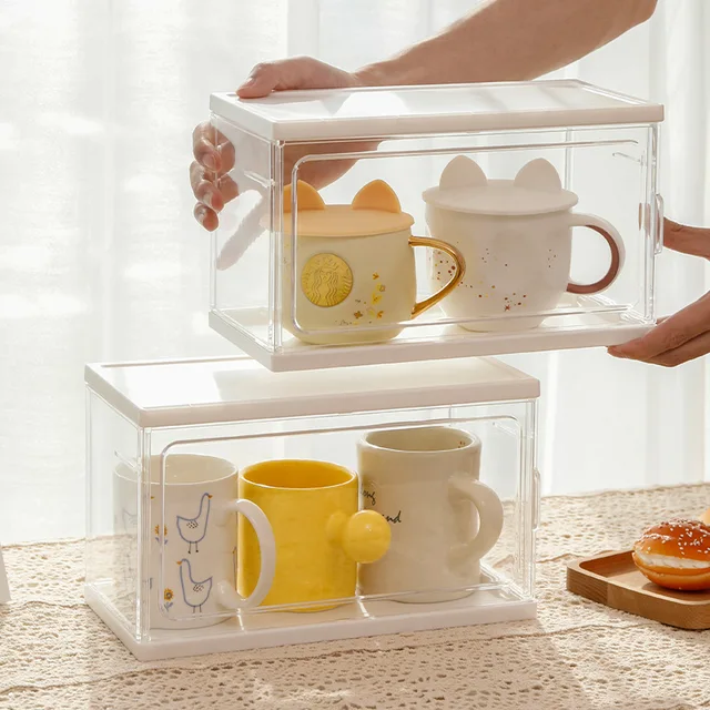 Tea Set Storage Box Dustproof Tea Cup Storage Container with Drain