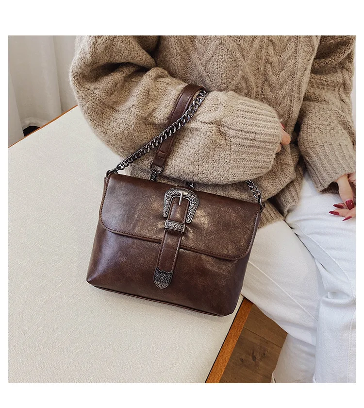 Vintage Messenger Bags Women Leather Chain Cross Body Brand Bag for Female Shoulder Messenger Bags with Strap Buckle Brown Black (14)