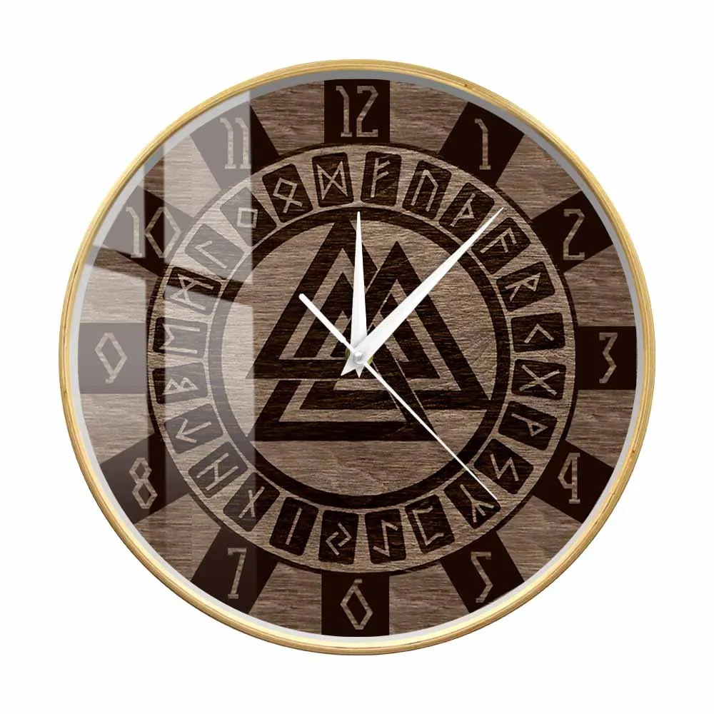 

Valknut Symbol and Runes Celtic Pattern Wooden Frame Silent Non Ticking Wall Clock Modern Design Viking Artwork Print Wall Clock