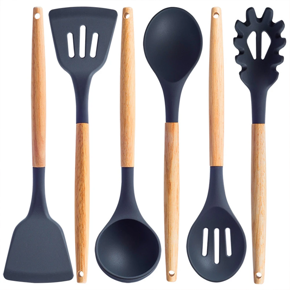 6pcs Nonstick Gift With Holes Silicone Spatula Shovel Restaurant Gadgets Wooden Spoon Food Grade Hotel Cooking Utensil Cookware