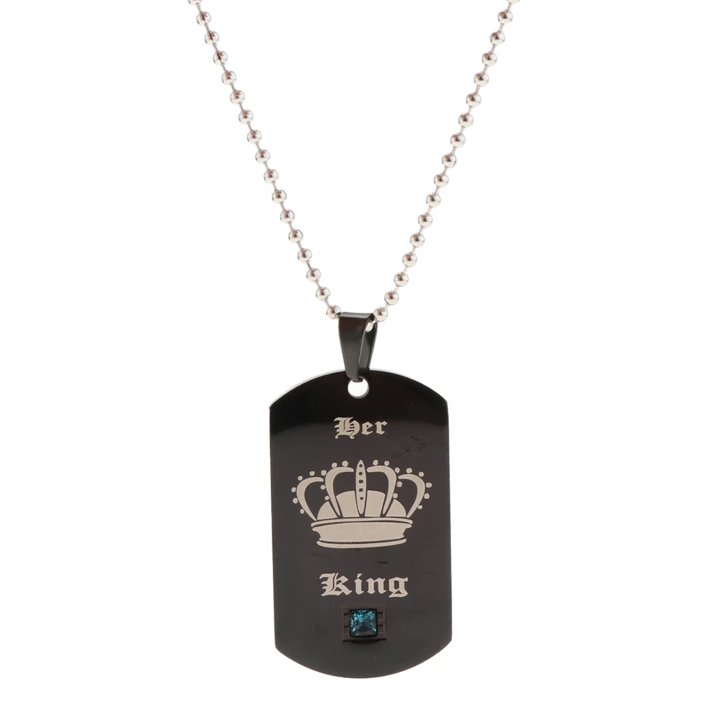 Black Stainless Steel Tag with Crown Couple His Queen Her King Pendant Ball Chain Necklace
