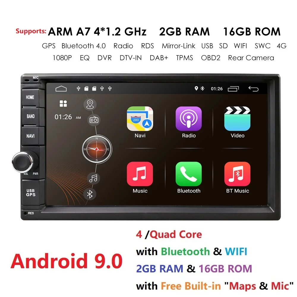  high Version RAM 2GB+ ROM 16GB Android 9.0 7 inch 2Din Universal Car Radio GPS Multimedia Unit Play