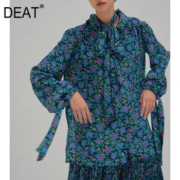

DEAT 2020 New Summer Fashion Casual Long Petal Sleeve Print Floral Two-piece Bow Pleated Skirt Women SB507