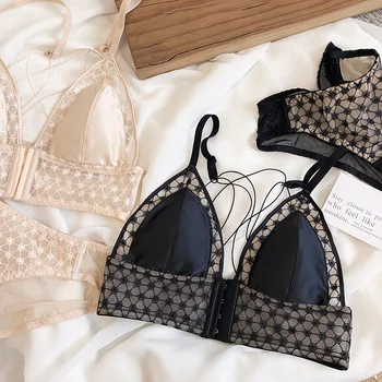 

Sexy embroidered mesh lingerie set beautiful back thin belt triangle cup front buckle bra set perspective slim underwear