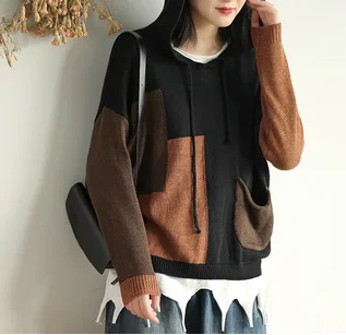 

Women Contrast Color Hooded Sweaters knitwear Ladies Retro Patchwork Knitted Pullovers Female 2019 Spring Fall Knit Tops 2019