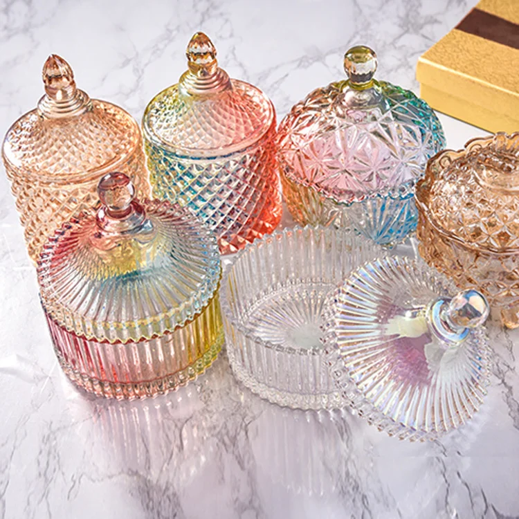 Retro Colorful Crystal Glass Jar With Cover Candle Candy Holders Wax container 