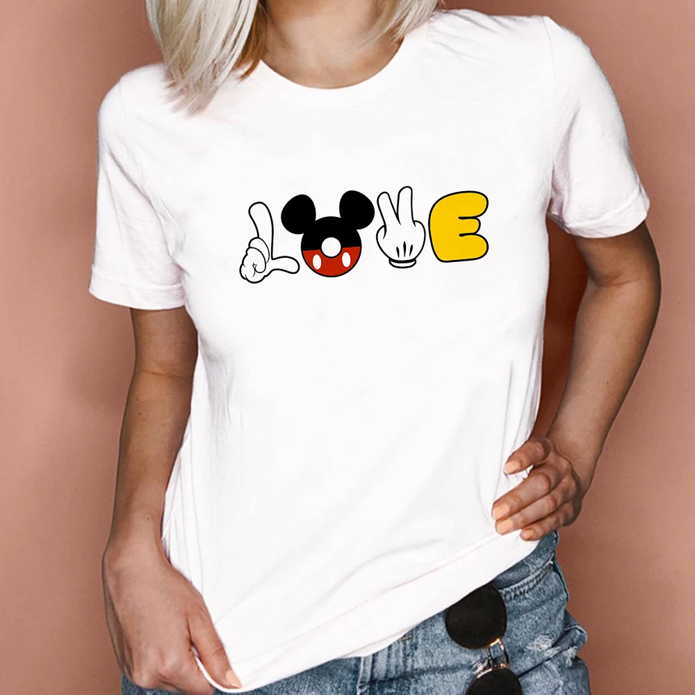 

Mickey Mouse Love Print Short Sleeve Cute Disney Cartoon Creative Vetement Disney Top Exquisite Family Look Beautiful Tee Shirt