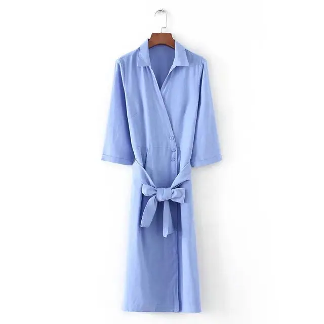 

2018 Spring And Summer Western Style Cross V-neck Wrapped Cover Type of Belt Flax Midi Dress Women's 18009