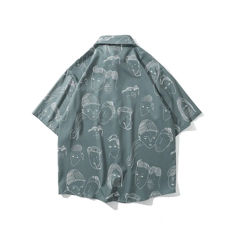 Men Shirt Short Sleeve 2021 New Arrival Summer Loose Cartoons Portrait Pocket Male Shirt Thin Student Korean Style S74
