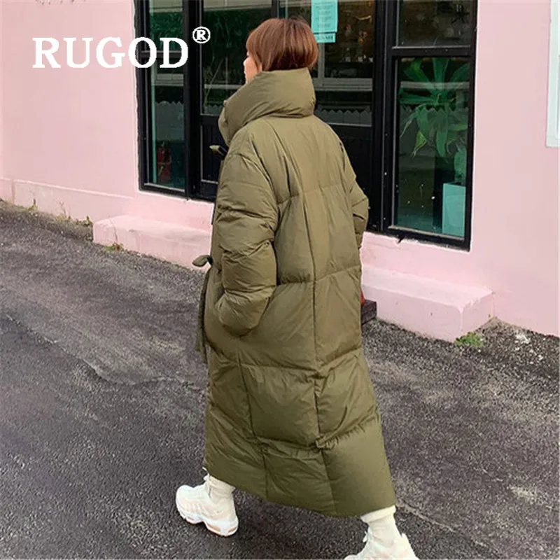 RUGOD осень зима стиль Шикарный утолщенный пуховик сплошной цвет теплое длинное пальто мода Kpop одежда размера плюс для женщин