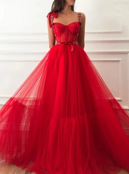 

Red Muslim Evening Dresses 2019 A-line Spaghetti Straps Tulle Beaded Islamic Dubai Saudi Arabia Long Evening Gown Prom