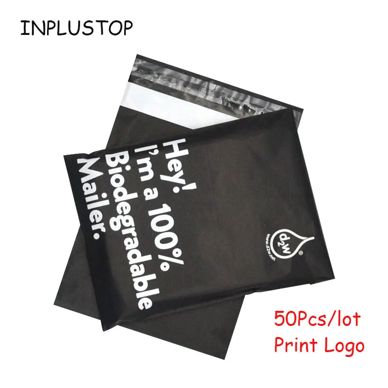 Black Eco Courier Bag Pouch Bags D2W Biodegradable Express Bag Waterproof Self-Seal Clothing Mailer Postal Bags 50Pcs
