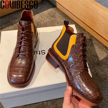 

COVIBESCO Vintage Mixed Colors Genuine Leather Ladies Ankle Boots Platform Square Toe Thick Heels Pumps Casual Basic Shoes Woman