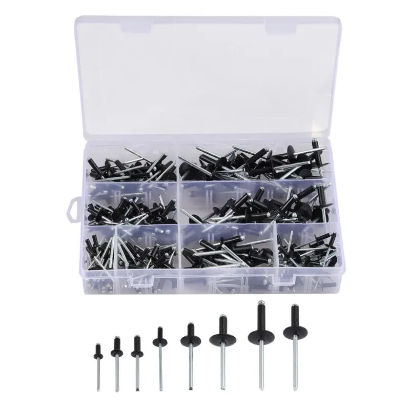 

Large Standard Flange Aluminum Alloy 8~18mm 200Pcs/set Assorted Black Rivets Kit