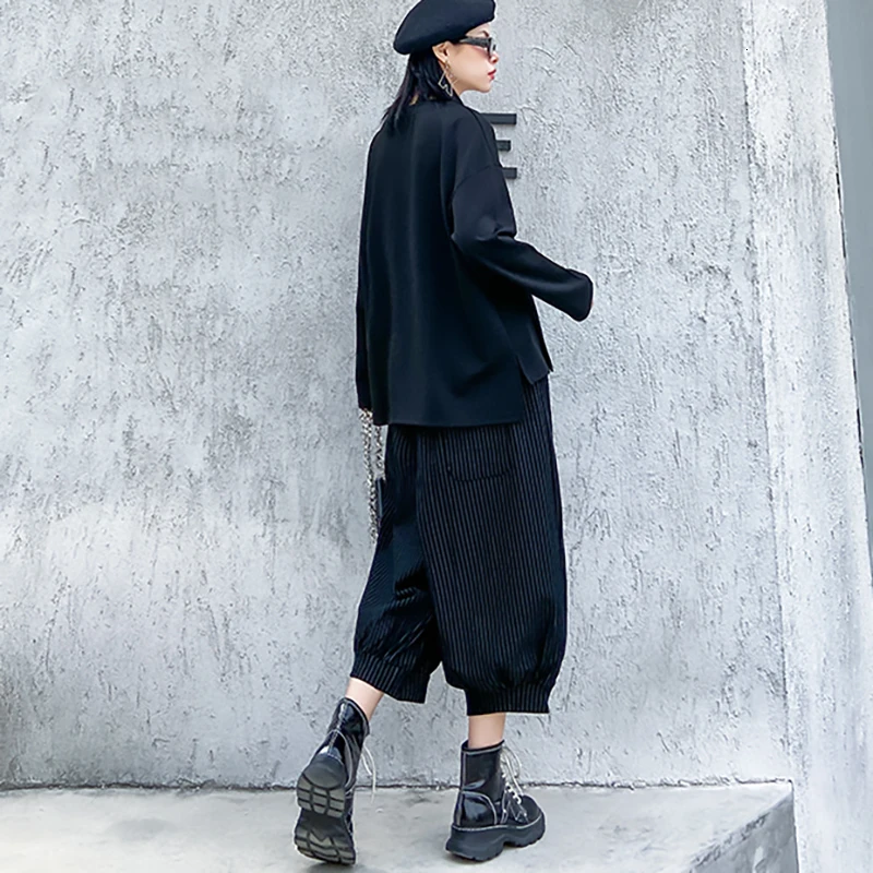[EAM] Черные Полосатые широкие брюки с высокой эластичной талией, новые свободные брюки, женские модные весенне-осенние брюки 1M635